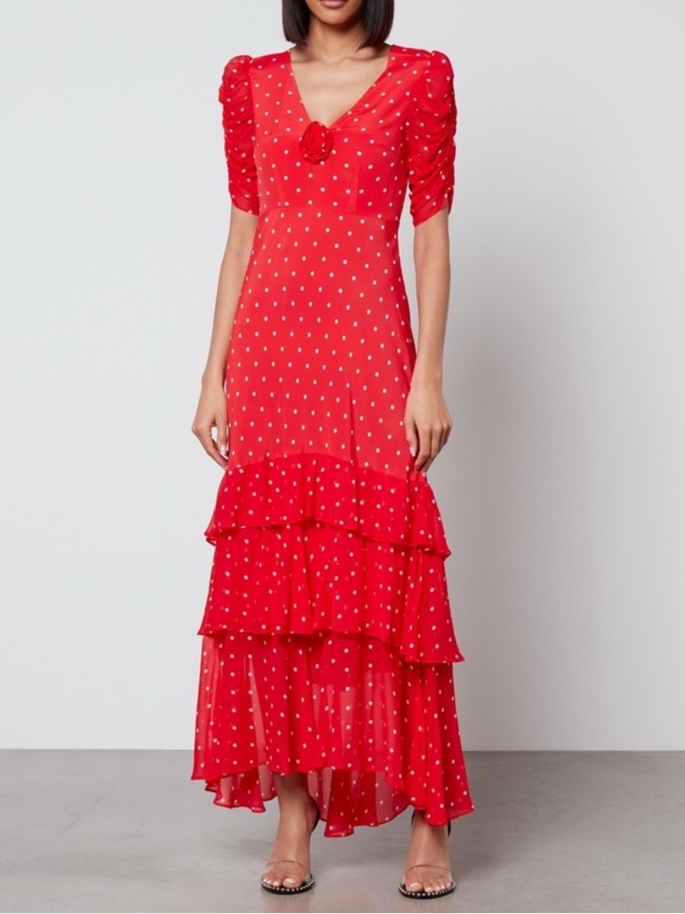 RIXO Rosheen Polka Dot Silk Blend Tiered Ruffle Maxi Dress in Red Sz XL